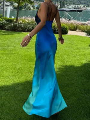 Women's Summer Elegant Dress Gradient Color Sleeveless Spaghetti Strap V-Neck Backless Slim Long Dress Bohemian Holiday Party