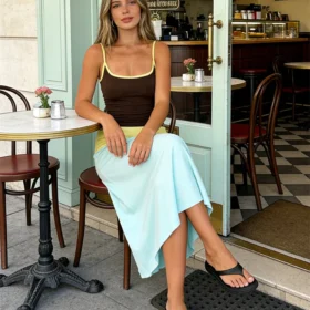 2026 New Women's Spaghetti Strap Long Dress Contrast Color Sleeveless A-line Dress for Party Vacation Bohemian Dresses Summer