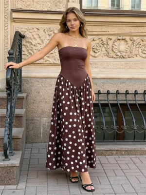 Women Long Tube Top Dress Dot Print Sleeveless Waist Cinching A-line Dress for Party Club Bohemian 2026 Summer
