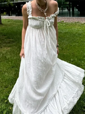 Women White Long Dress Lace Trim Tie-up V Neck Sleeveless Ruffle Loose Tank Dress for Evening Party Club Bohemian Summer