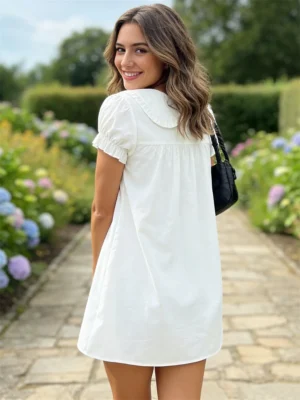 Women White Mini Dress Short Sleeve Doll Collar Loose Shirt Dress 2026 Summer Casual Retro Streetwear